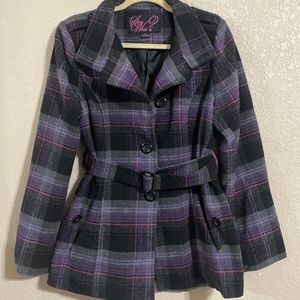 Women’s Junior plaid belted coat with pockets black,pink and purple size XL Jr